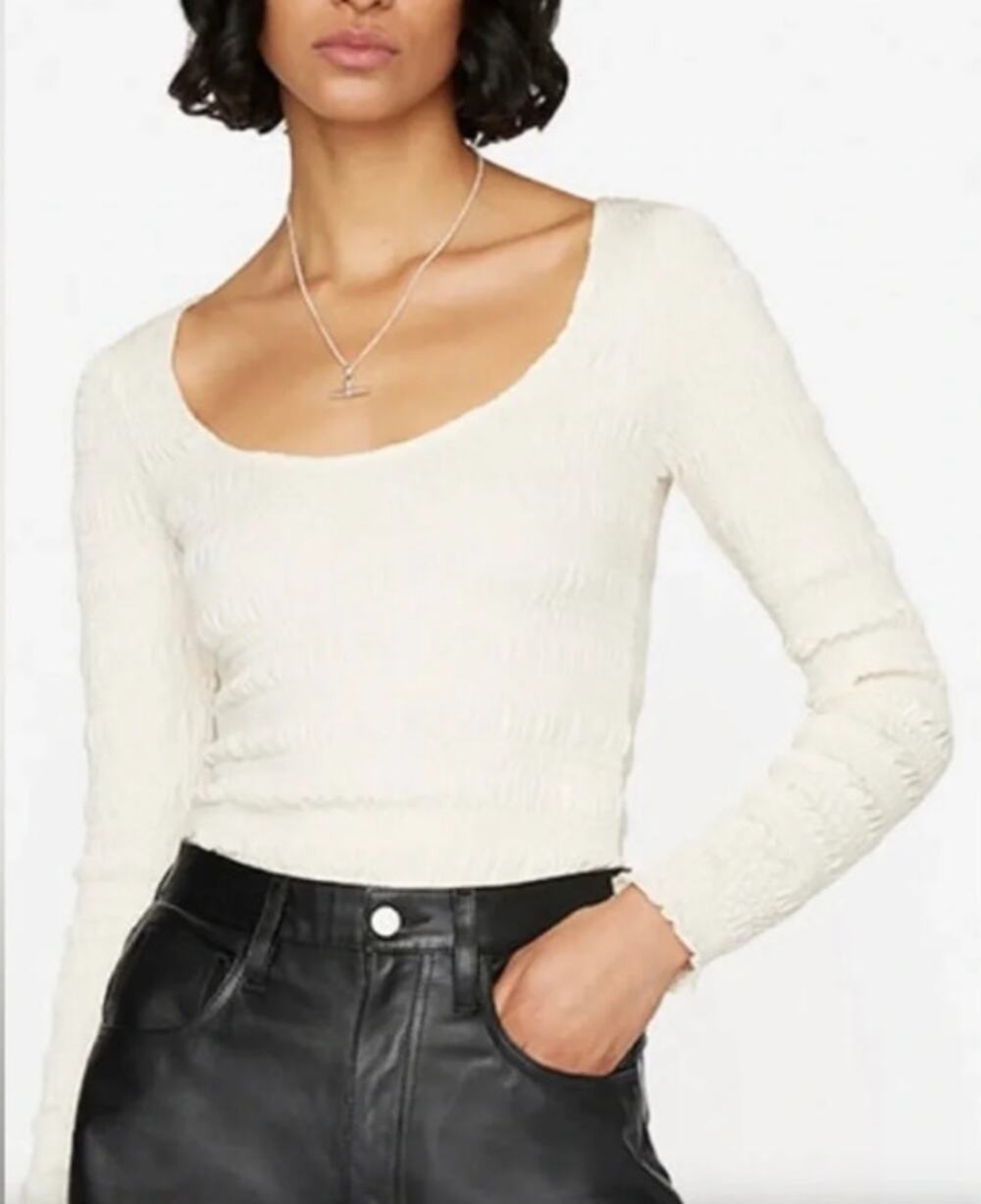Frame Scoop Neck Smocked Shirred White Long Sleeve Top Medium